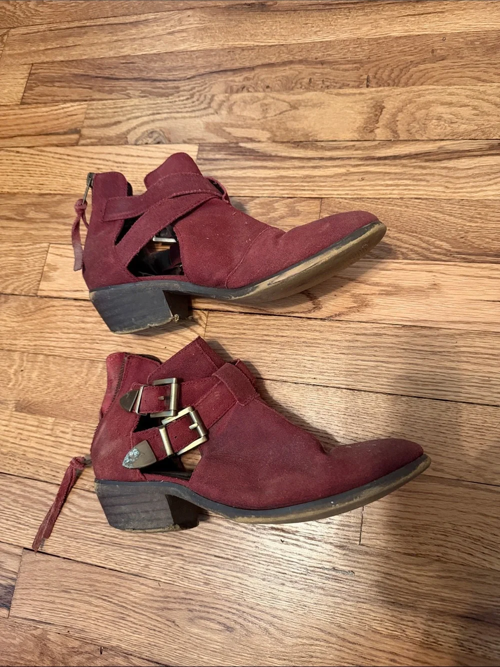 Steve Madden Burgundy Suede Cutout Ankle Booties with Buckle Accents